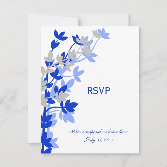 Eleganta Bladmotiv i Blå Silver RSVP-kort OSA Kort (Framsida)