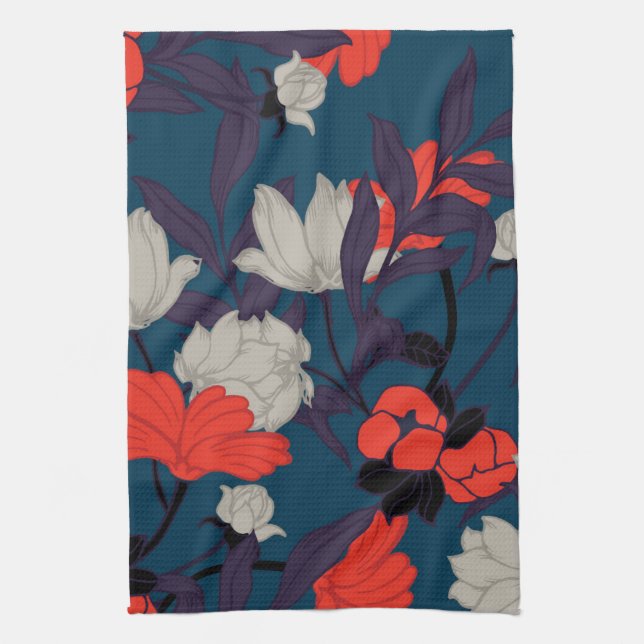 Eleganta blått & röd blommönster kökshandduk (Vertikal)