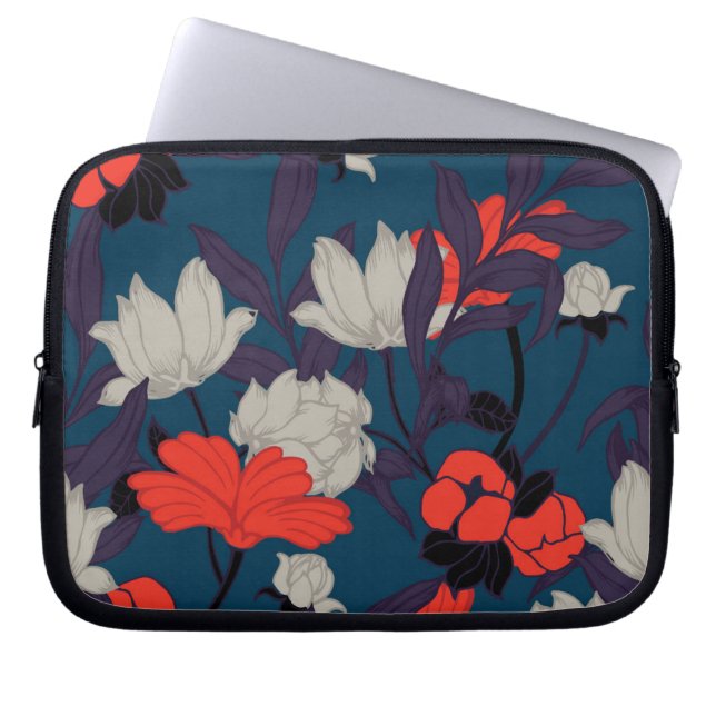 Eleganta blått & röd blommönster laptop fodral (Framsidan)