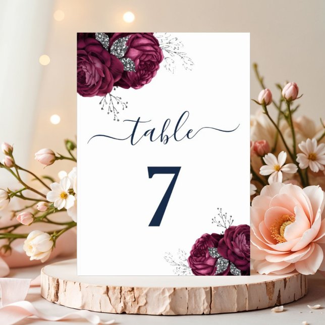 Eleganta blommande burgunderfärgade pioner bordsnummer (Elegant Burgundy Red Navy Blue Floral Peonies Table Number)