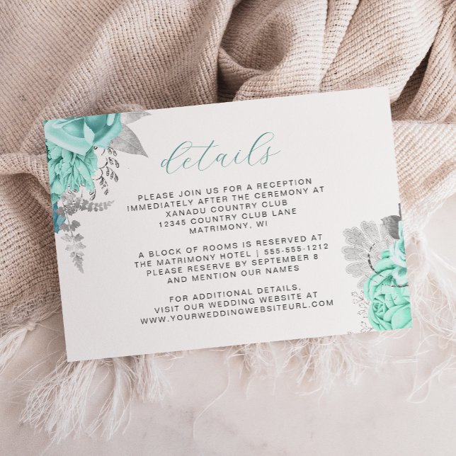 Eleganta Blommiga Aqua Silvermanus Skrift Bröllops Tilläggskort (Skapare uppladdad)