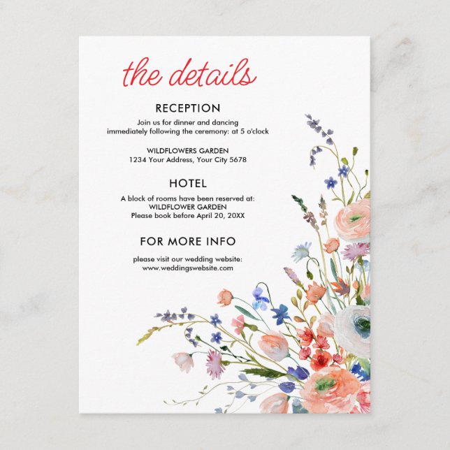 Eleganta Blommiga Bröllopsdetaljer Tilläggskort (Framsida)