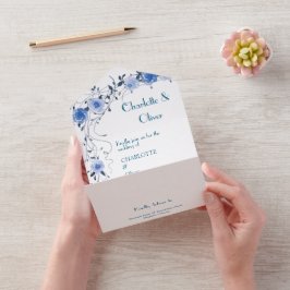 Eleganta Blommiga Bröllopsinbjudningar i Blått