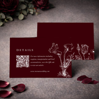 Eleganta Blommiga Burgunderröd Bröllopsdetaljer QR Tilläggskort