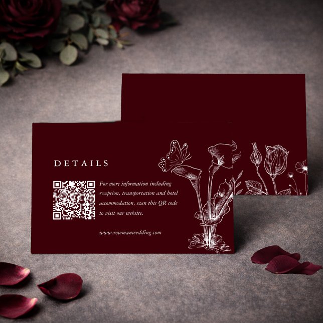 Eleganta Blommiga Burgunderröd Bröllopsdetaljer QR Tilläggskort (Skapare uppladdad)