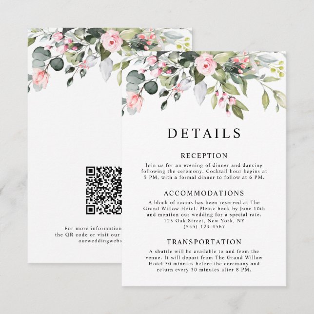 Eleganta Blommiga Eukalyptusblad QR-kod Bröllop Tilläggskort (Fram/baksida)