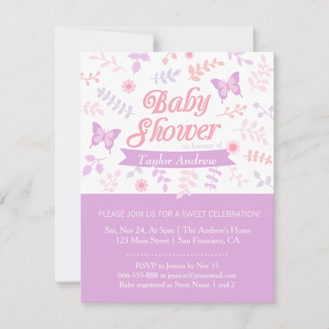 Eleganta blommiga fjärils-baby shower-inbjudningar inbjudningar (Framsida)