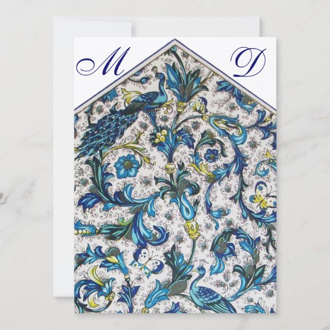 ELEGANTA BLOMMIGA KLININGSMONOGRAM PÅ BLÅ BAKGRUND INBJUDNINGAR (Framsida)