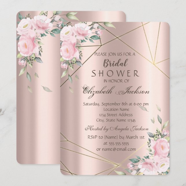 Eleganta blommiga linjer Rosa guld bröllopsdusch Inbjudningar (Fram/baksida)