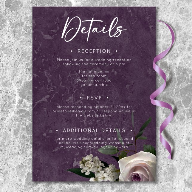 Eleganta Blommiga Moderna Bröllopsdetaljer i Plomm Tilläggskort (Plum Purple Elegant Floral Modern Wedding Details Enclosure Card)