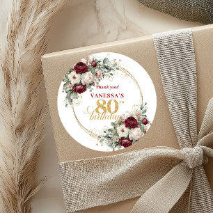 Eleganta blommiga rosa burgunder 80-årsdagsetikett runt klistermärke