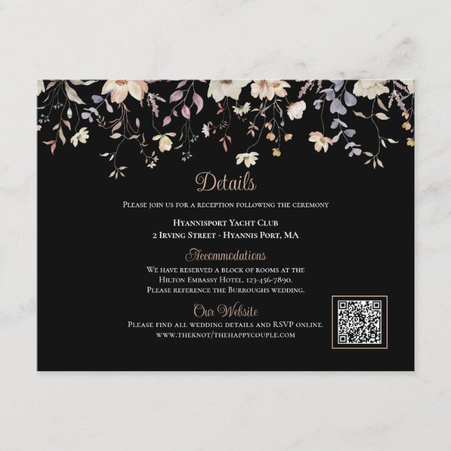 Eleganta Blommiga Svarta Boho QR-kod Bröllopsdetal Tilläggskort (Framsida)