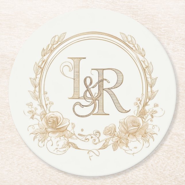 Eleganta blommonogram “L & R” Pappersunderlägg  Underlägg Papper Rund (Framsidan)