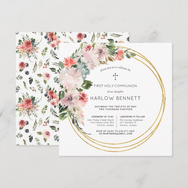 Eleganta Blommor Första Nattvarden Inbjudan (Fram/baksida)