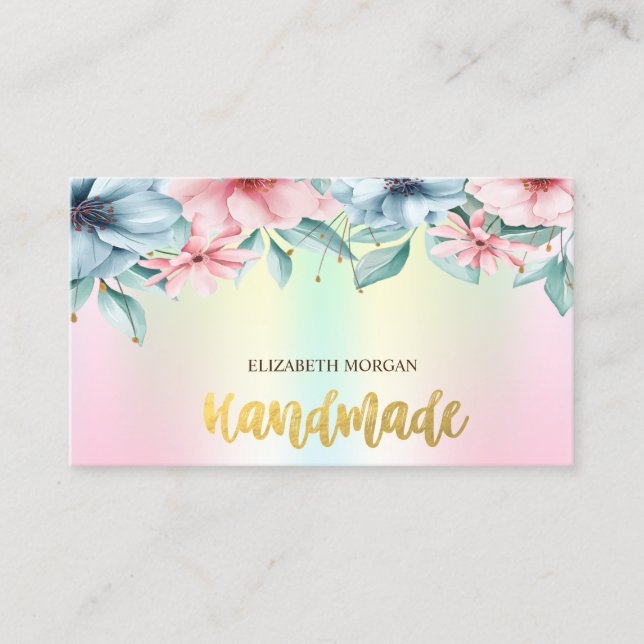 Eleganta blommor Holografiskt Handgjort Visitkort (Framsida)