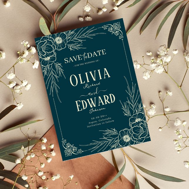 Eleganta blommor i guldbordad ram bröllop spara datumet (Skapare uppladdad)