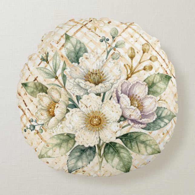 Eleganta blommor i off white, guldlatergittermönst rund kudde (Framsidan)