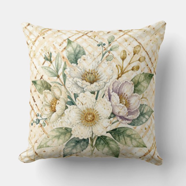 Eleganta blommor i off white, guldlaternmönster kudde (Framsida)