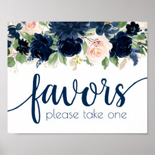 Eleganta Blommor Marinblå och Rosa Blomsterprese Poster