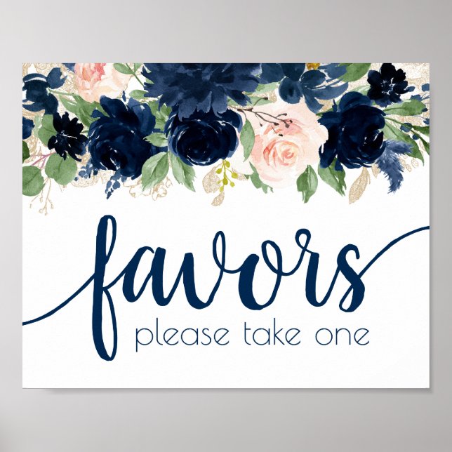 Eleganta Blommor | Marinblå och Rosa Blomsterprese Poster (Framsidan)