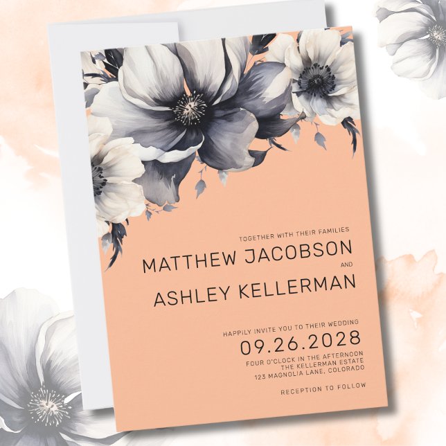 Eleganta blommor Persika Blommig Bröllop Inbjudningar (Modern Elegant Watercolor Floral Peach Wedding Invitation)