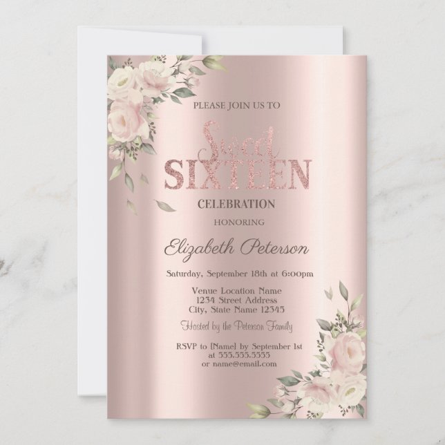 Eleganta blommor Rose Guld Sweet 16 födelsedag Inbjudningar (Framsida)