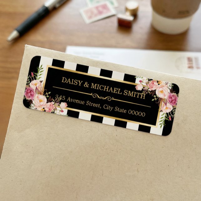 Eleganta blommor svarta vita ränder guld ram returadress etikett (Skapare uppladdad)