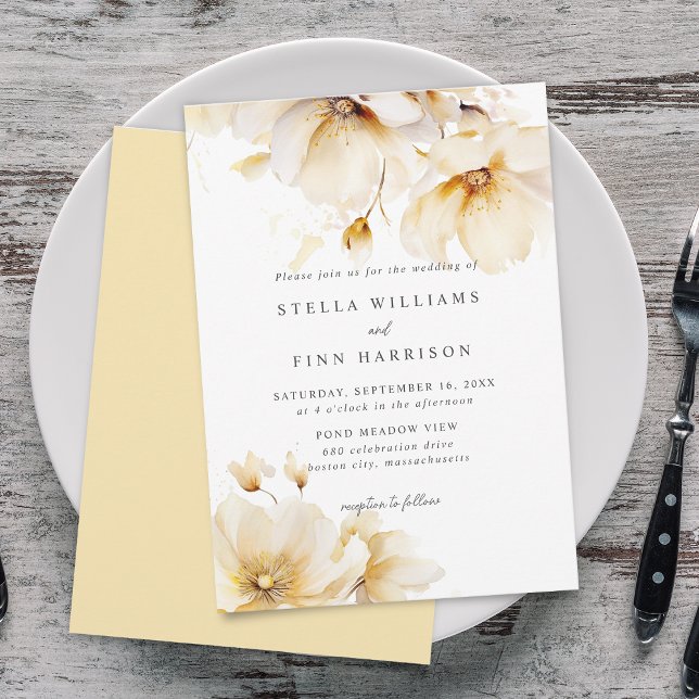 Eleganta blommor vita gula guld bröllop inbjudningar (Elegant Flowers White Yellow Gold Wedding Invitation)