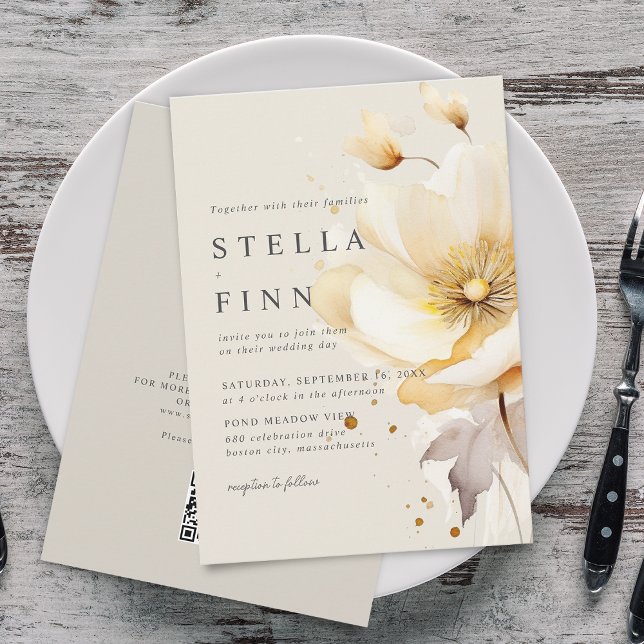 Eleganta blommor Vita Gula Guld QR-kod Bröllop Inbjudningar (Elegant Flowers White Yellow Gold QR Code Wedding Invitation)