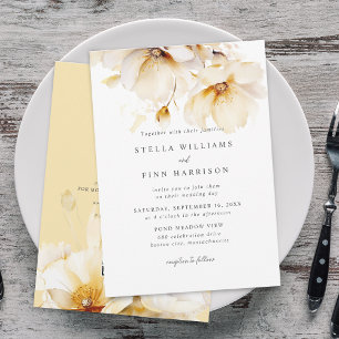 Eleganta blommor Vita Gula Guld QR-kod Bröllop Inbjudningar