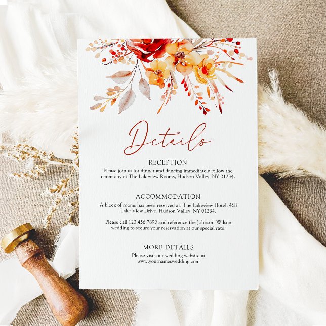 Eleganta blomstermålningar i akvarell höstbröllop  tilläggskort (Bold watercolor floral wedding details card)