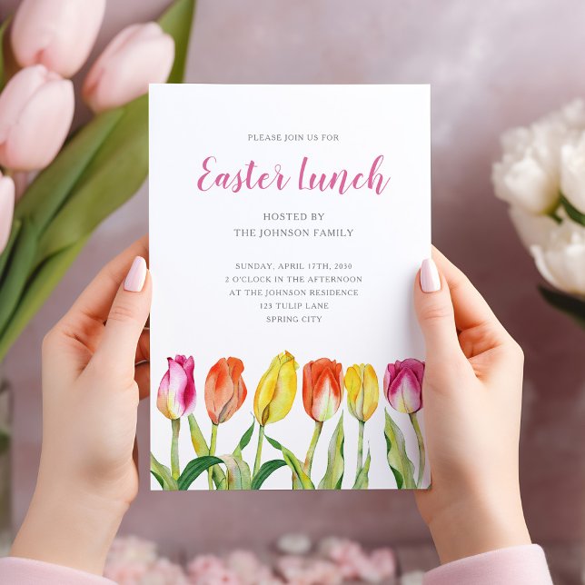 Eleganta blomvattenfärg tulpaner påsklunch inbjudningar (Chic Floral Watercolor Tulip Easter Lunch Invitation)