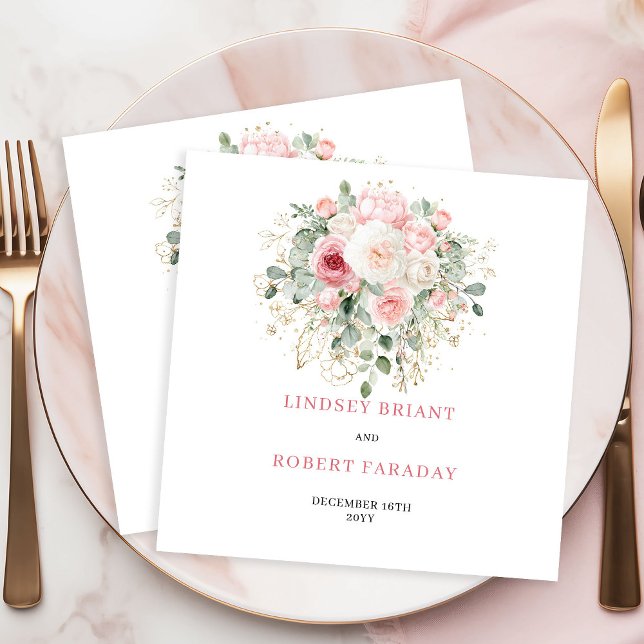 Eleganta Blushgröna Blommiga Bröllopsservetter Pappersservett (Chic Blush Greenery Floral Wedding Napkins)