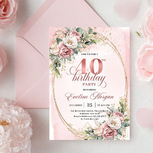 Eleganta bohemiska pudra rosa blommor 40-årsdag inbjudningar