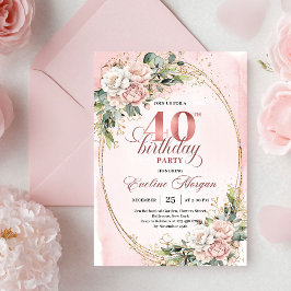Eleganta Bohemiska Rosa Blommiga 40-års Födelsedag Inbjudningar