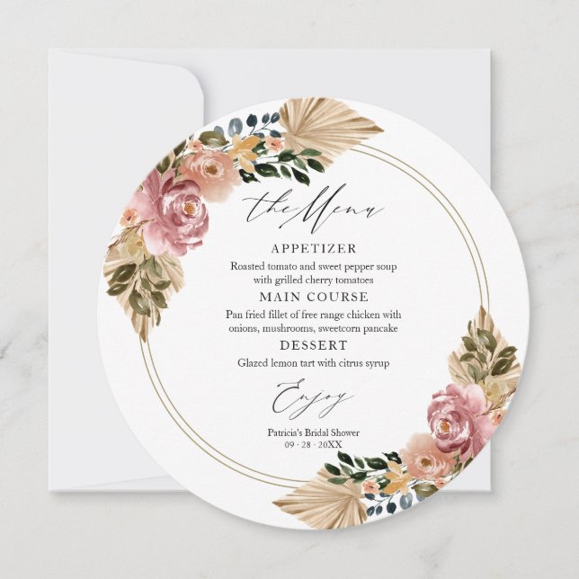 Eleganta Boho Blommiga Bröllops Cirkel Meny Kort (Framsida)