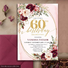 Eleganta Boho Burgunder Rosa Rosor 60-årsdag Inbjudningar