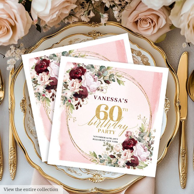 Eleganta Boho Burgunderrosor 60-årsdag Servetter (Elegant Boho Burgundy Roses 60th Birthday Napkins

)