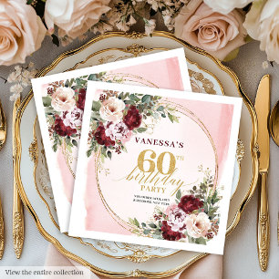 Eleganta Boho Burgundy Guld Blommiga 60-års Servet Pappersservett
