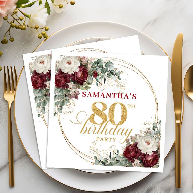 Eleganta Boho Marsala Blommiga Födelsedagsservette Pappersservett (Elegant Boho Marsala Floral 80th Birthday Napkins)