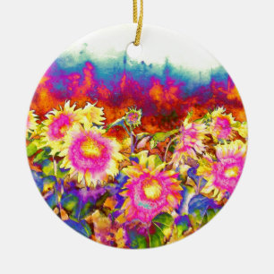 Eleganta boho retro solrosor rosa gula blommor julgransprydnad keramik