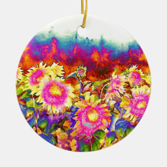 Eleganta boho retro solrosor rosa gula blommor julgransprydnad keramik (Framsidan)