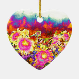 Eleganta boho retro solrosor rosa gula blommor julgransprydnad keramik
