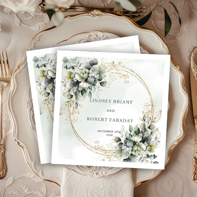 Eleganta Boho Vita Rosor Gröna Bröllopsservetter Pappersservett (Elegant Boho White Roses Greenery Wedding Napkins)
