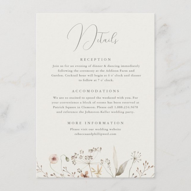 Eleganta Boho Wildflower Bröllopsdetaljer Tilläggskort (Framsida)