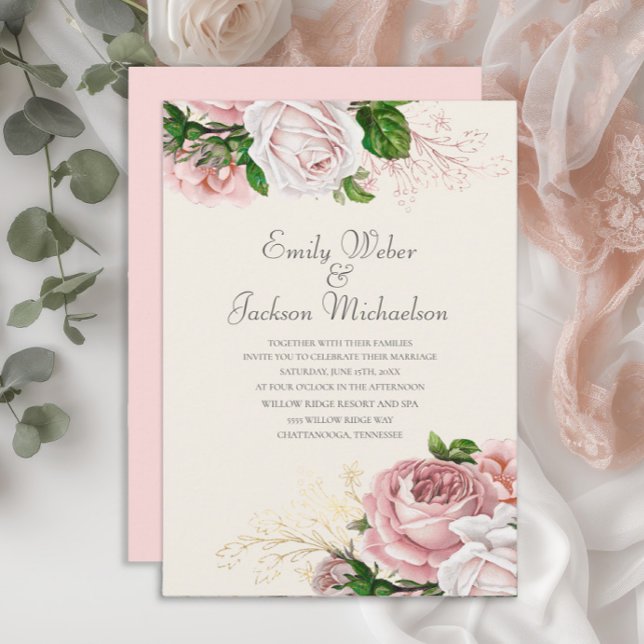 Eleganta botaniska rosor Rosa Blommig Krämfärgad B Inbjudningar (Blush pink vintage floral wedding invitatio with elegant script)