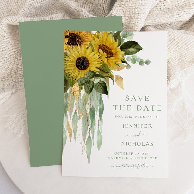 Eleganta botaniska solrosor spara datumet (Green Sunflower Eucalyptus Wedding Save The Date)