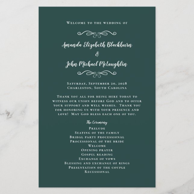 Eleganta bröllop - smaragdgröna moderna vigselprog (Framsida)