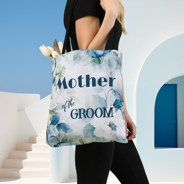 Eleganta bröllopsblommor i akvarellfärg tygkasse (Elegant wedding tote bag featuring watercolor flowers in blue teal with white - mother of the groom)