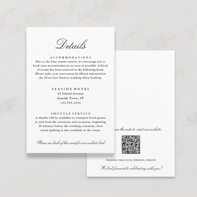 Eleganta bröllopsdetaljer Hotellinfo QR-kod Tilläggskort (Elegant Black and White Wedding Details Hotel Info QR code Enclosure Card from Coastal Map Designs)
